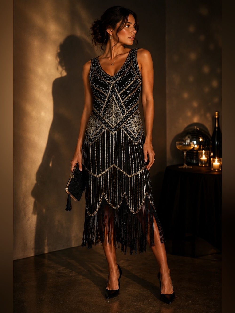 Black Gold Sequin Art Deco Fringe Dress Gatsby 1920s Flapper Small